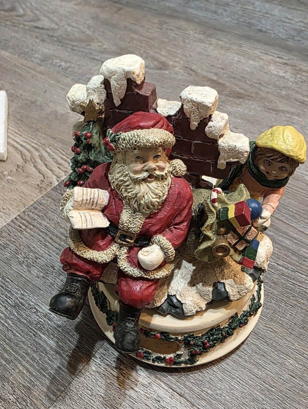 Vintage Holiday Santa Figurine Music Box - Red Santa with Child